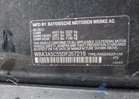 2013 BMW 328I z USA, uszkodzony, nr VIN WBA3A5C55DF357219